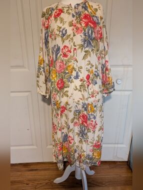 Zara Cream Floral Long-Sleeve Button Dress with Red, Blue & Yellow Blooms